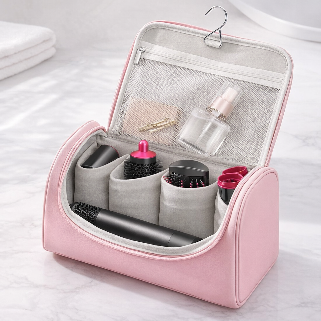 KIONCO pink PU hair styler travel bag open with attachments in elastic slots
