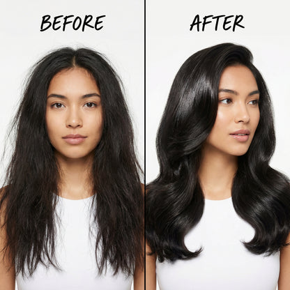 Before and after using KIONCO Series 8 hot air styler – frizzy hair transformed to smooth voluminous blowout
