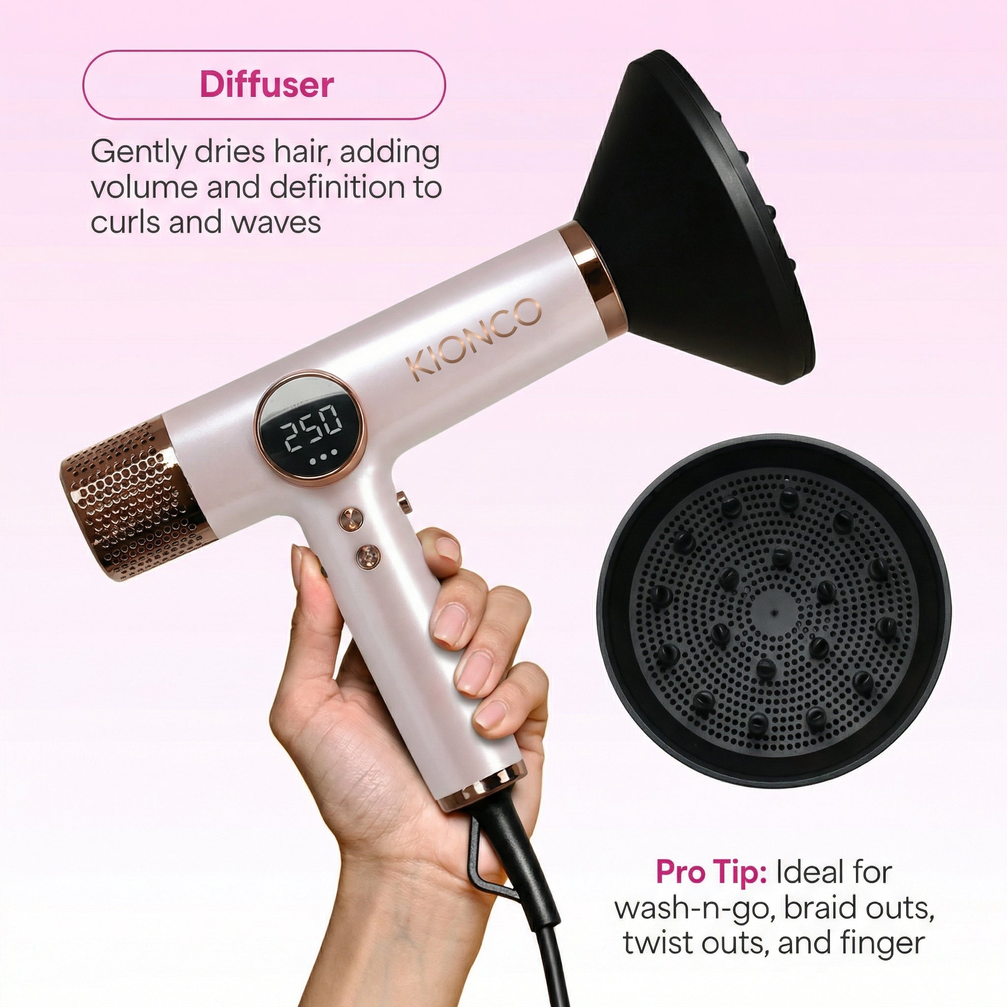 Woman holding KIONCO ionic hair dryer with diffuser attachment for curls and waves – Multi-Styler IQ
